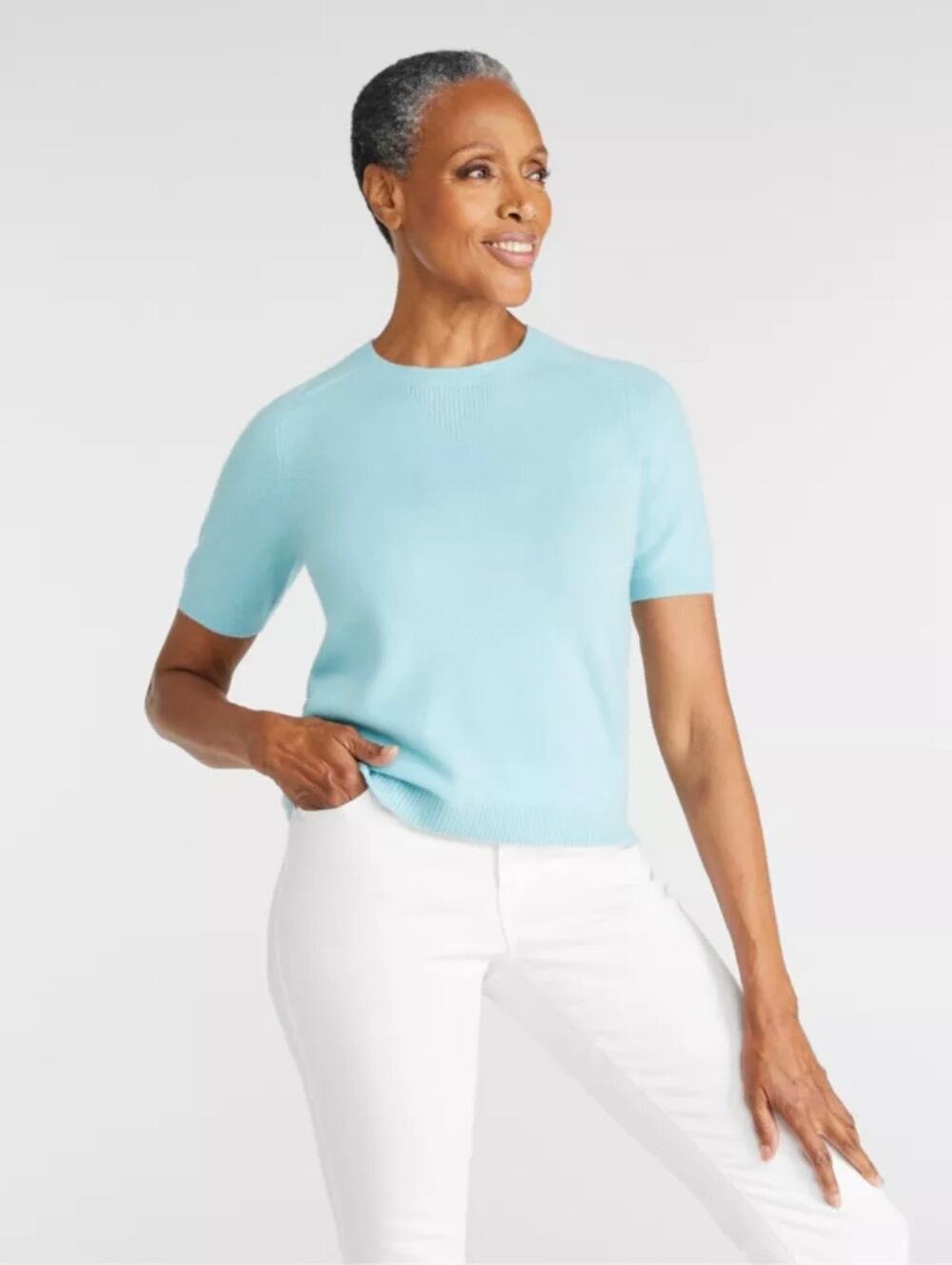 LL Bean 100% Cashmere Short Sleeve Sweater Women's Small Mint Green Quiet Luxury